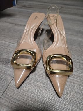 Zara Beige Pointed Slingback Flats with Gold Buckle